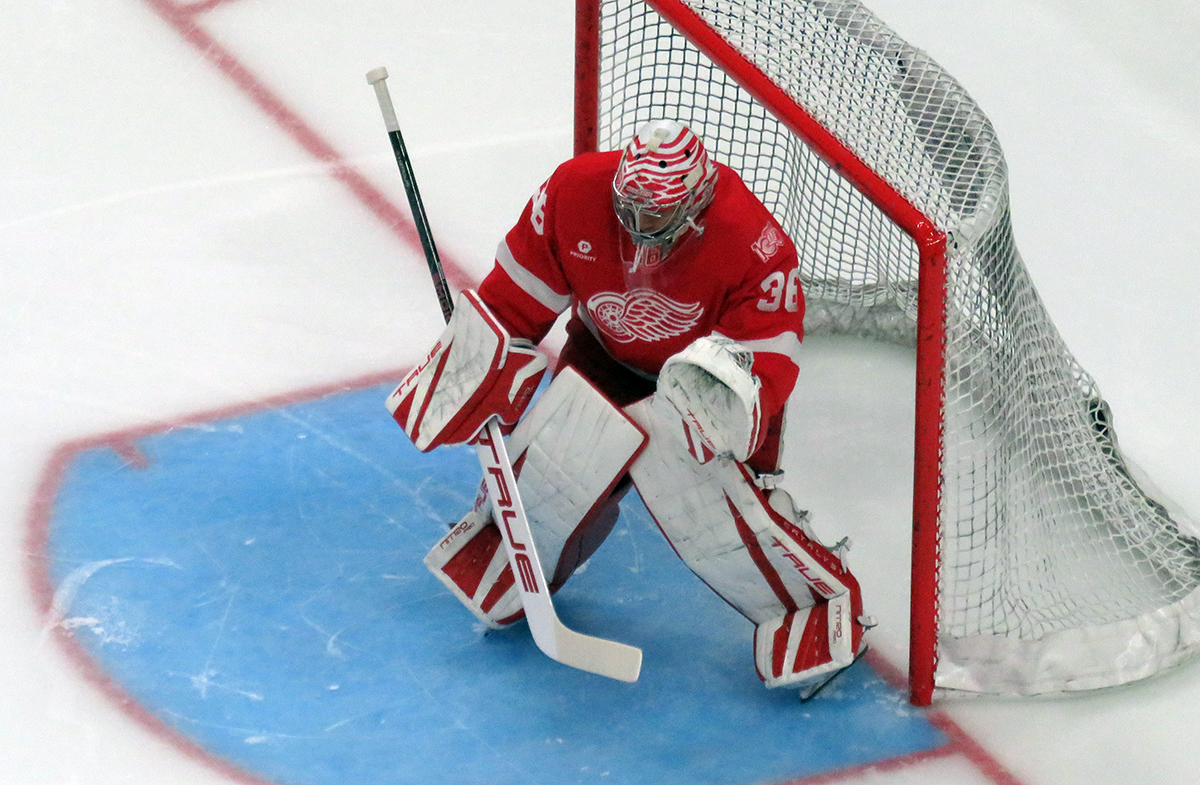 John Gibson of the Detroit Red Wings gets set in his crease during pre-game warmups before a game against the Carolina Hurricanes, wearing a customized Sergei Fedorov jersey in honor of Fedorov's jersey retirement.