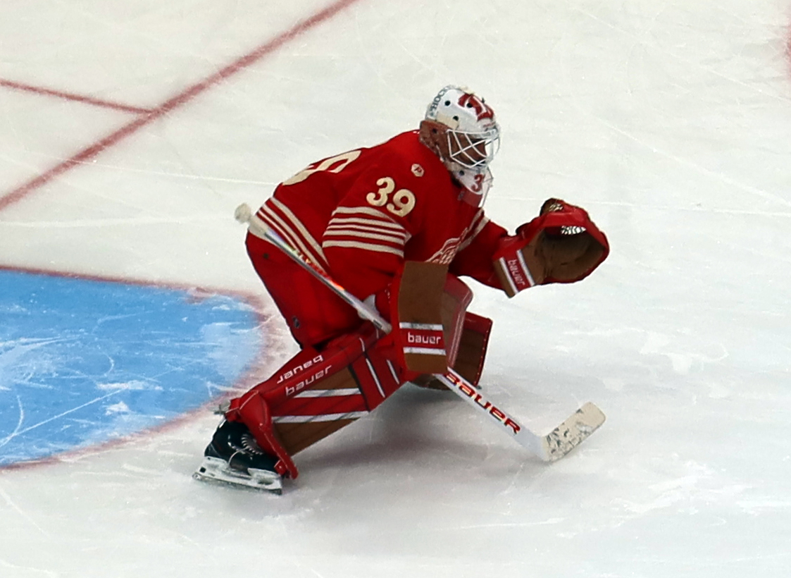Cam Talbot of the Detroit Red Wings moves out past the top of his crease during pre-game warmups before a game against the Montreal Canadiens.