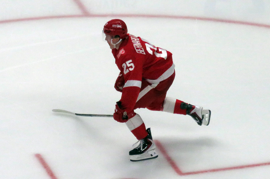 Jacob Bernard-Docker of the Detroit Red Wings skates during a game against the Carolina Hurricanes.