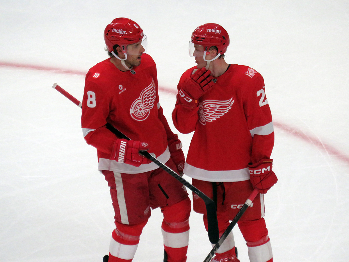 Ben Chiarot and Jacob Bernard-Docker of the Detroit Red Wings talk during a stop in play in a game against the Carolina Hurricanes.