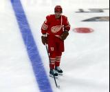 Patrick Kane of the Detroit Red Wings skates at the blue line during pre-game warmups before a game against the Montreal Canadiens.