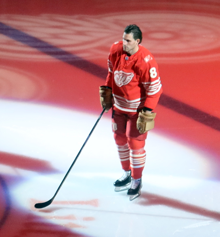 Ben Chiarot of the Detroit Red Wings skates out during player introductions before the team's home opener.
