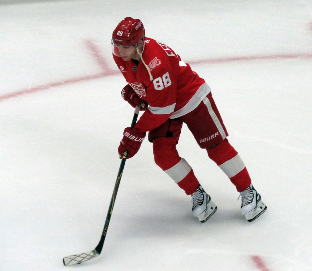 Patrick Kane of the Detroit Red Wings skates during pre-game warmups before a game against the Carolina Hurricanes, wearing a customized Sergei Fedorov jersey and white skates in honor of Fedorov's jersey retirement.
