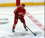 Simon Edvinsson of the Detroit Red Wings skates in the neutral zone during pre-game warmups before a game against the Montreal Canadiens.