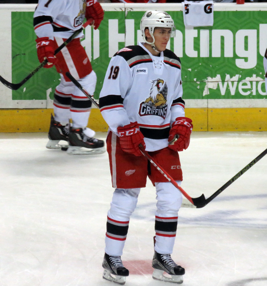 Tomas Nosek skates in the neutral zone during pre-game warmups before a Grand Rapids Griffins game.