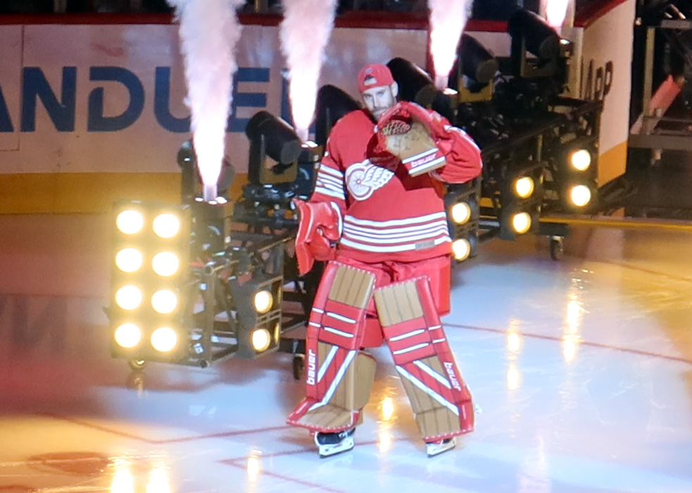 Cam Talbot of the Detroit Red Wings skates out during player introductions before the team's home opener.