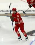 Marco Kasper of the Detroit Red Wings skates near center ice during pre-game warmups before a game against the Montreal Canadiens.