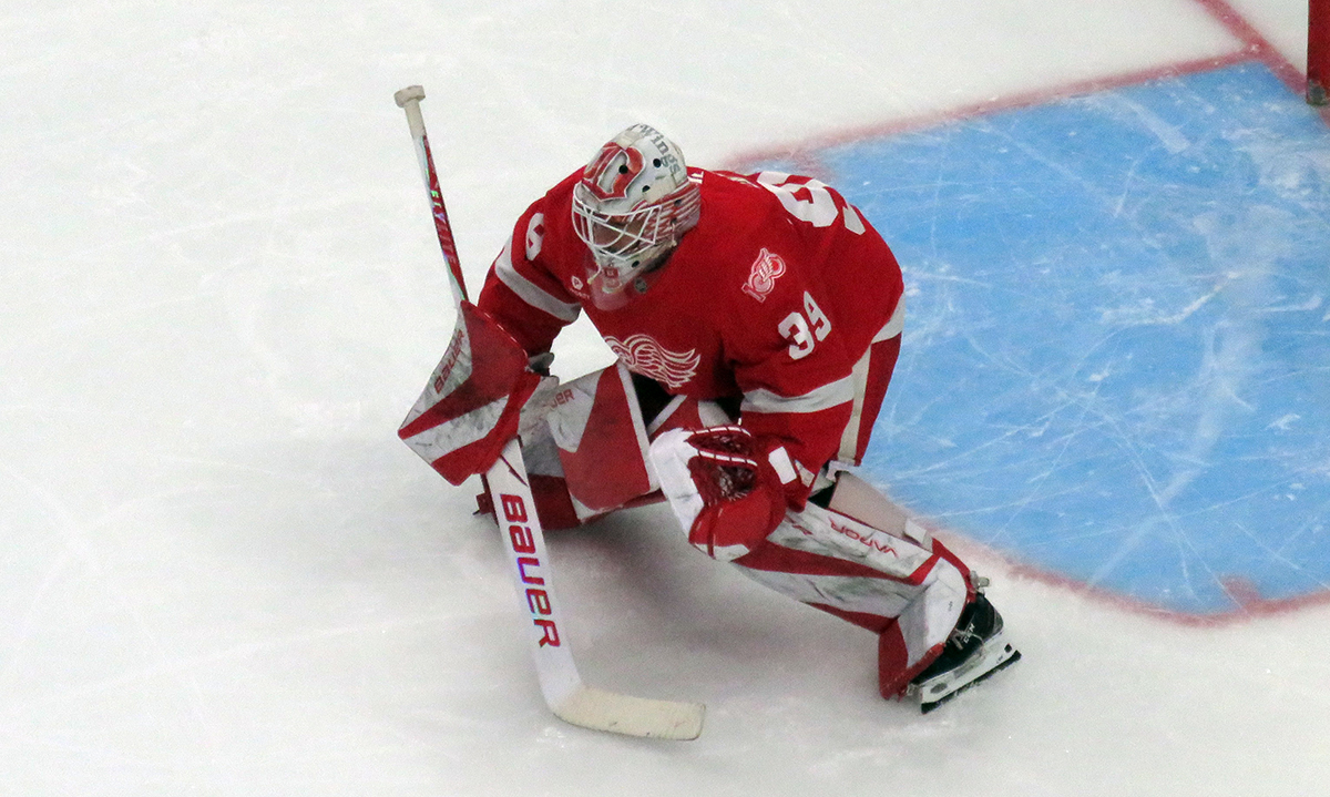Cam Talbot of the Detroit Red Wings squares to a shooter during pre-game warmups before a game against the Carolina Hurricanes, wearing a customized Sergei Fedorov jersey in honor of Fedorov's jersey retirement.