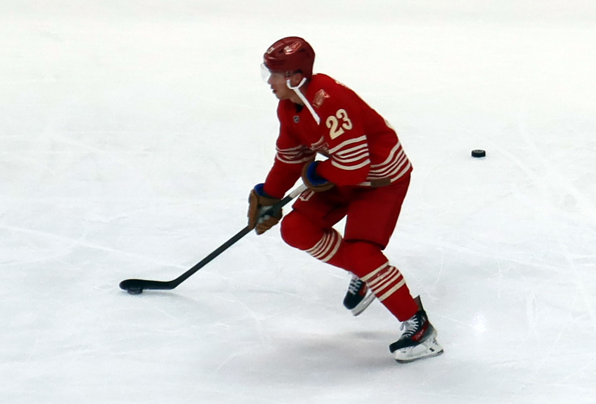 Lucas Raymond of the Detroit Red Wings skates during pre-game warmups before a game against the Montreal Canadiens.