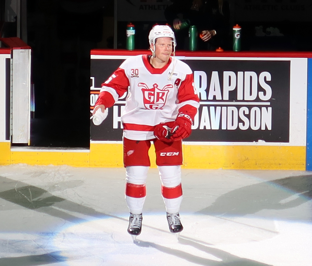 Sheldon Dries of the Grand Rapids Griffins takes a spin on the ice as the second star of a win over the Manitoba Moose.