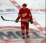 Axel Sandin-Pellikka of the Detroit Red Wings stands at center ice during pre-game warmups before a game against the Montreal Canadiens.