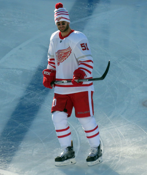 Frans Nielsen skates at the blue line during pre-game warmups before the Centennial Classic.