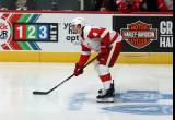 Antti Tuomisto of the Grand Rapids Griffins gets set for a faceoff during a game against the Manitoba Moose.
