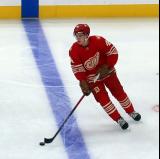 Axel Sandin-Pellikka of the Detroit Red Wings skates at the blue line during pre-game warmups before a game against the Montreal Canadiens.