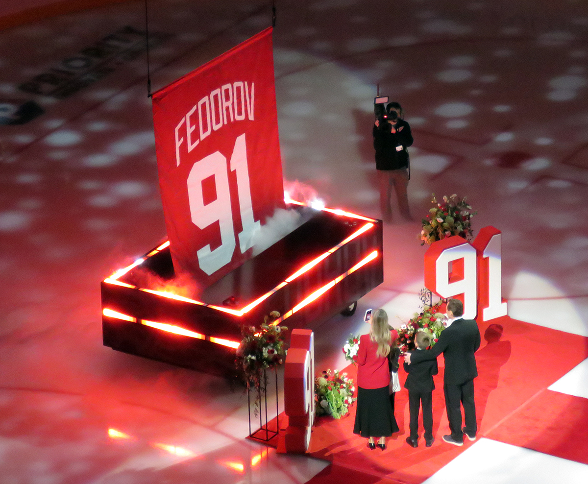 Sergei Fedorov and his family watch as his retired jersey banner is revealed.