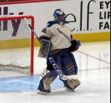 Emerance Maschmeyer of the Vancouver Goldeneyes gets set at the top of her crease during the PWHL Takeover Tour Detroit game against the Boston Fleet.