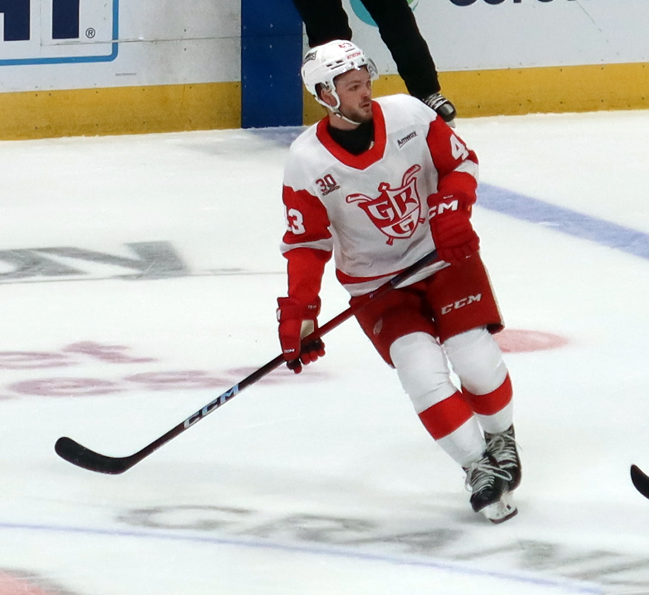 Carter Mazur of the Grand Rapids Griffins skates during a game against the Manitoba Moose.
