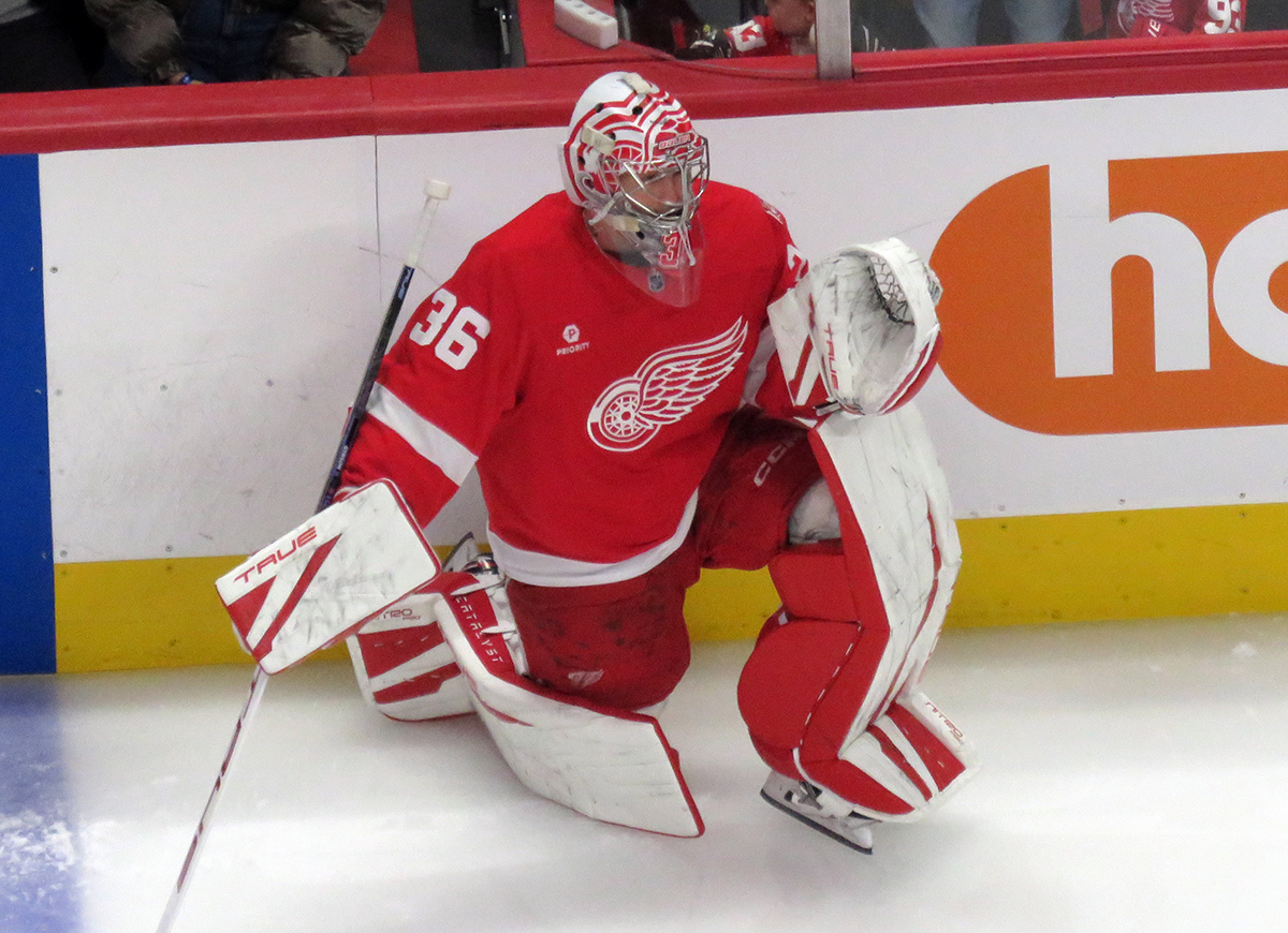 John Gibson of the Detroit Red Wings stretches at the boards during pre-game warmups before a game against the Carolina Hurricanes, wearing a customized Sergei Fedorov jersey in honor of Fedorov's jersey retirement.