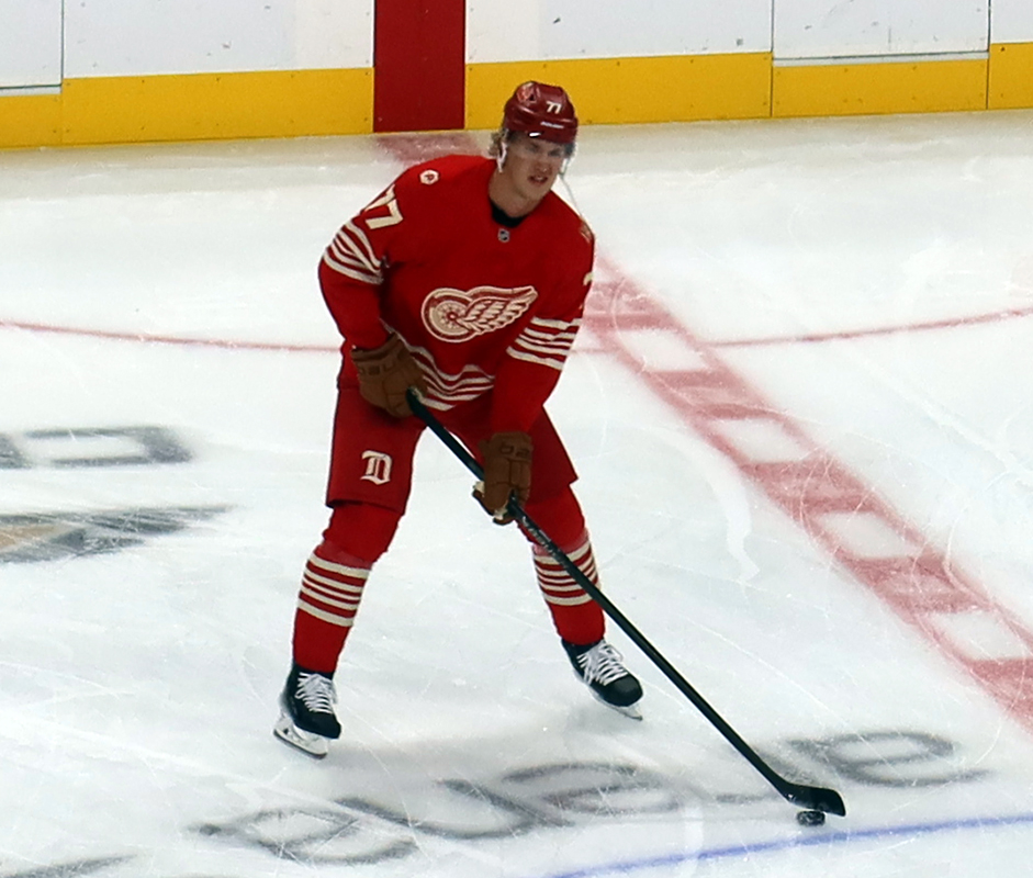 Simon Edvinsson of the Detroit Red Wings skates in the neutral zone during pre-game warmups before a game against the Montreal Canadiens.