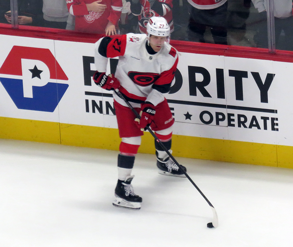 Nikolaj Ehlers of the Carolina Hurricanes skates during pre-game warmups before a game against the Detroit Red Wings.