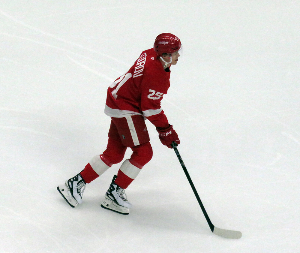 Jacob Bernard-Docker of the Detroit Red Wings skates during pre-game warmups before a game against the Carolina Hurricanes, wearing a customized Sergei Fedorov jersey and white skates in honor of Fedorov's jersey retirement.