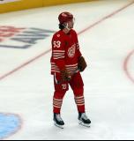 Moritz Seider of the Detroit Red Wings stands near the crease during a stop in play in a game against the Montreal Canadiens.