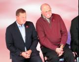 Doug Brown and Dave Lewis watch Sergei Fedorov speak during Fedorov's jersey retirement ceremony.