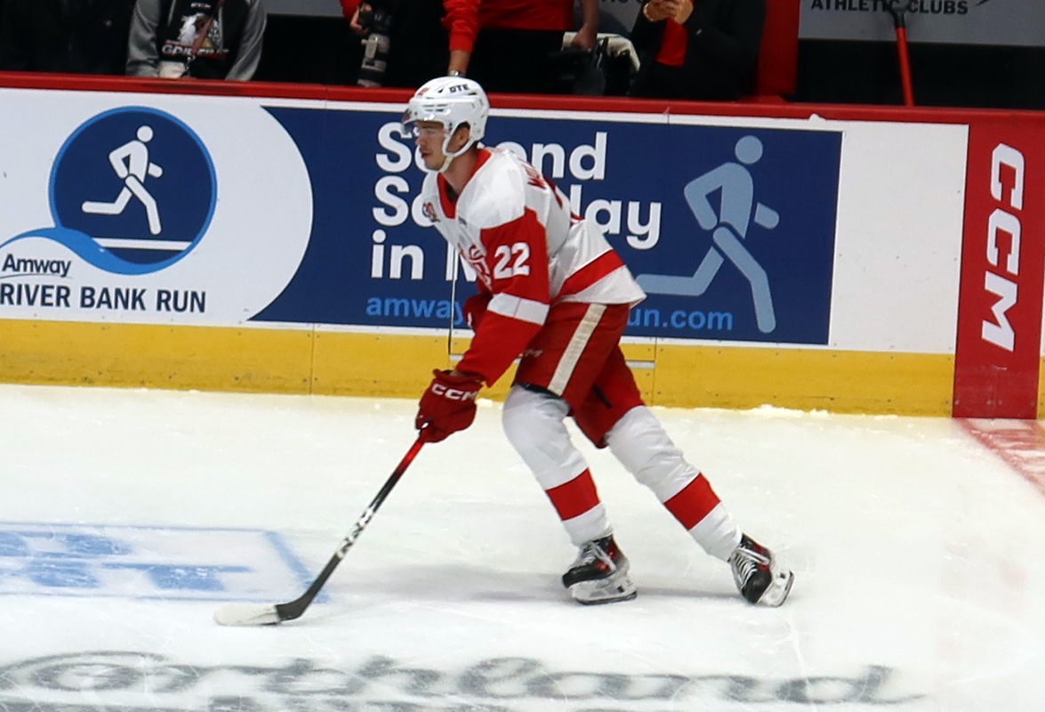 William Wallinder of the Grand Rapids Griffins skates during pre-game warmups before a game against the Manitoba Moose.