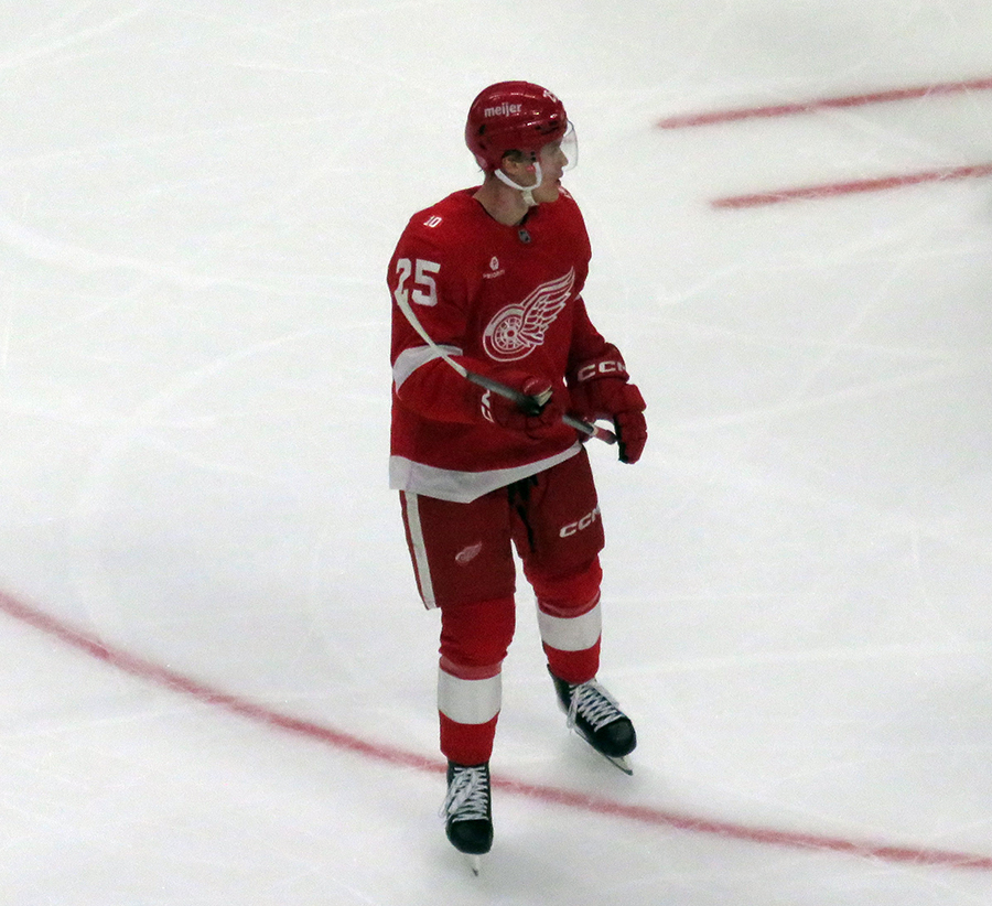 Jacob Bernard-Docker of the Detroit Red Wings skates during a stop in play in a game against the Carolina Hurricanes.