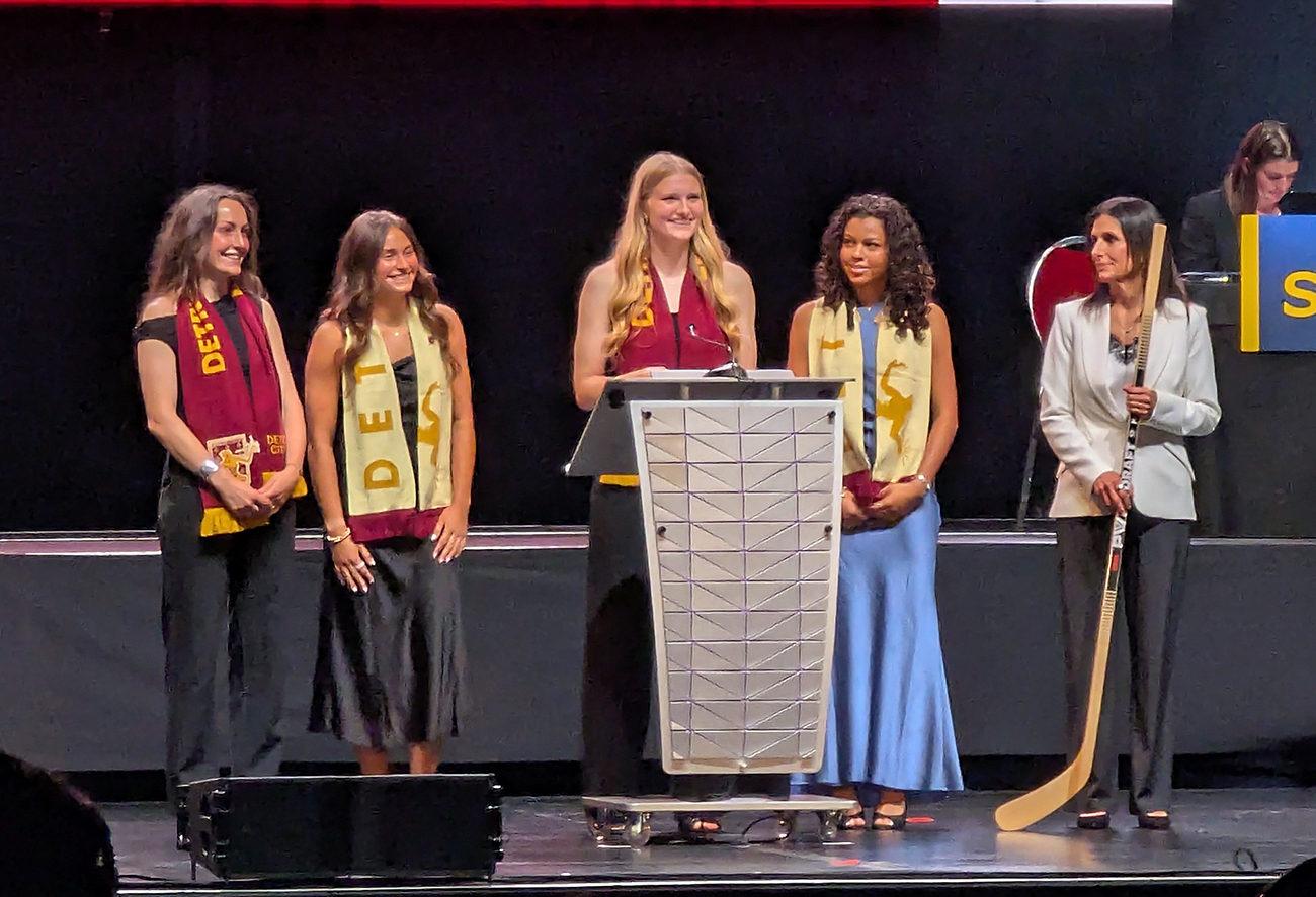 Members of Detroit City FC join PWHL Detroit general manager Manon Rheaume to make PWHL Detroit's second selection at the 2026 PWHL Entry Draft.