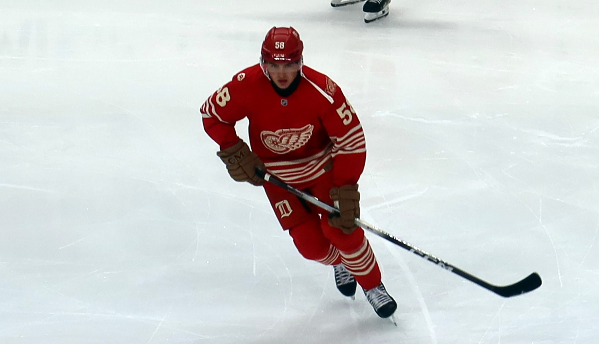 Emmitt Finnie of the Detroit Red Wings skates during pre-game warmups before a game against the Montreal Canadiens.