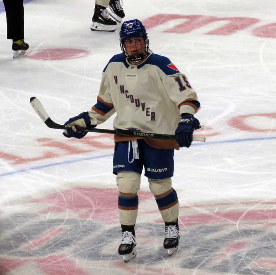 Gabby Rosenthal of the Vancouver Goldeneyes skates to the penalty box during the PWHL Takeover Tour Detroit game against the Boston Fleet.