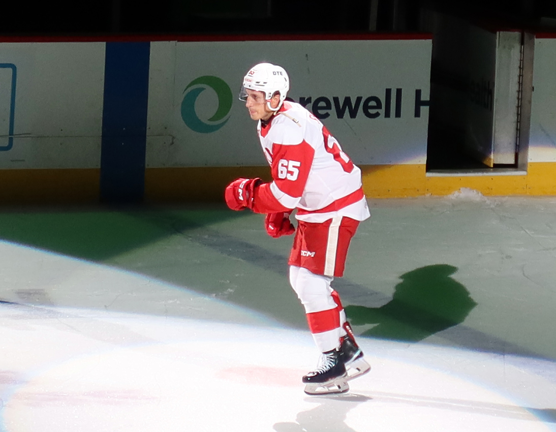 Dominik Shine of the Grand Rapids Griffins takes a spin on the ice as the first star of a win over the Manitoba Moose.