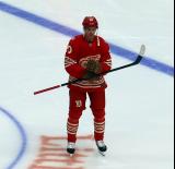 Albert Johansson of the Detroit Red Wings skates in the neutral zone during a stop in play in a game against the Montreal Canadiens.