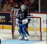 Domenic DiVincentiis of the Manitoba Moose stands in his crease during a stop in play in a game against the Grand Rapids Griffins.