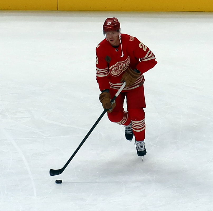 Lucas Raymond of the Detroit Red Wings skates during pre-game warmups before a game against the Montreal Canadiens.