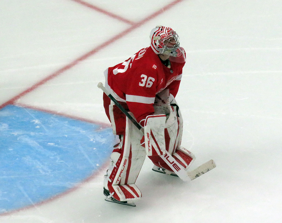 John Gibson of the Detroit Red Wings sets up at the top of his crease at the start of the second period of a game against the Carolina Hurricanes.
