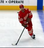 Alex DeBrincat of the Detroit Red Wings skates near the blue line during pre-game warmups before a game against the Montreal Canadiens.