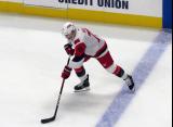 Taylor Hall of the Carolina Hurricanes skates at the blue line during pre-game warmups before a game against the Detroit Red Wings.