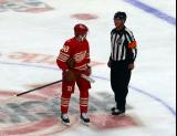 Patrick Kane of the Detroit Red Wings talks to referee Chris Lee during a stop in play in a game against the Montreal Canadiens.