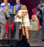 PWHL Detroit general manager Manon Rheaume hugs Casey Borgiel after making Borgiel the team's second pick at the 2026 PWHL Entry Draft.