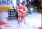 Patrick Kane of the Detroit Red Wings skates out during player introductions before the team's home opener.