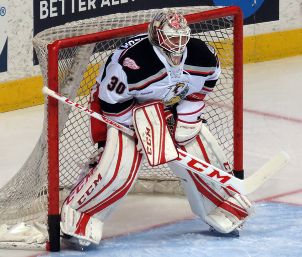 Tom McCollum gets set in his crease during pre-game warmups before a Grand Rapids Griffins game.