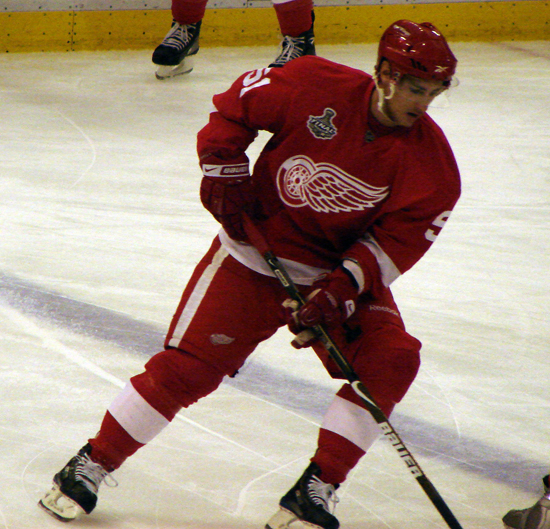 Valtteri Filppula stickhandles at the blue line during pre-game warmups.