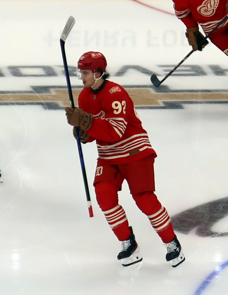 Marco Kasper of the Detroit Red Wings skates near center ice during pre-game warmups before a game against the Montreal Canadiens.