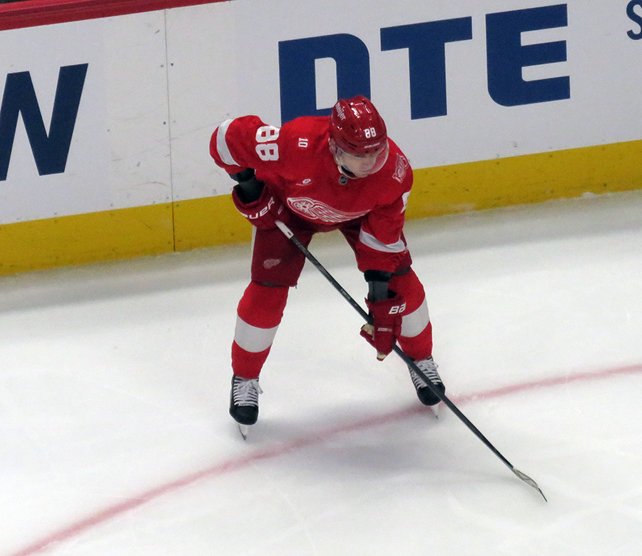 Patrick Kane of the Detroit Red Wings gets set for a faceoff during a game against the Carolina Hurricanes.