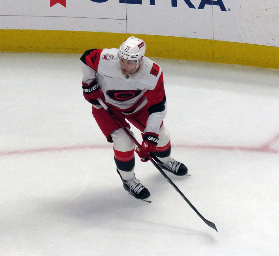 Taylor Hall of the Carolina Hurricanes skates during a game against the Detroit Red Wings.