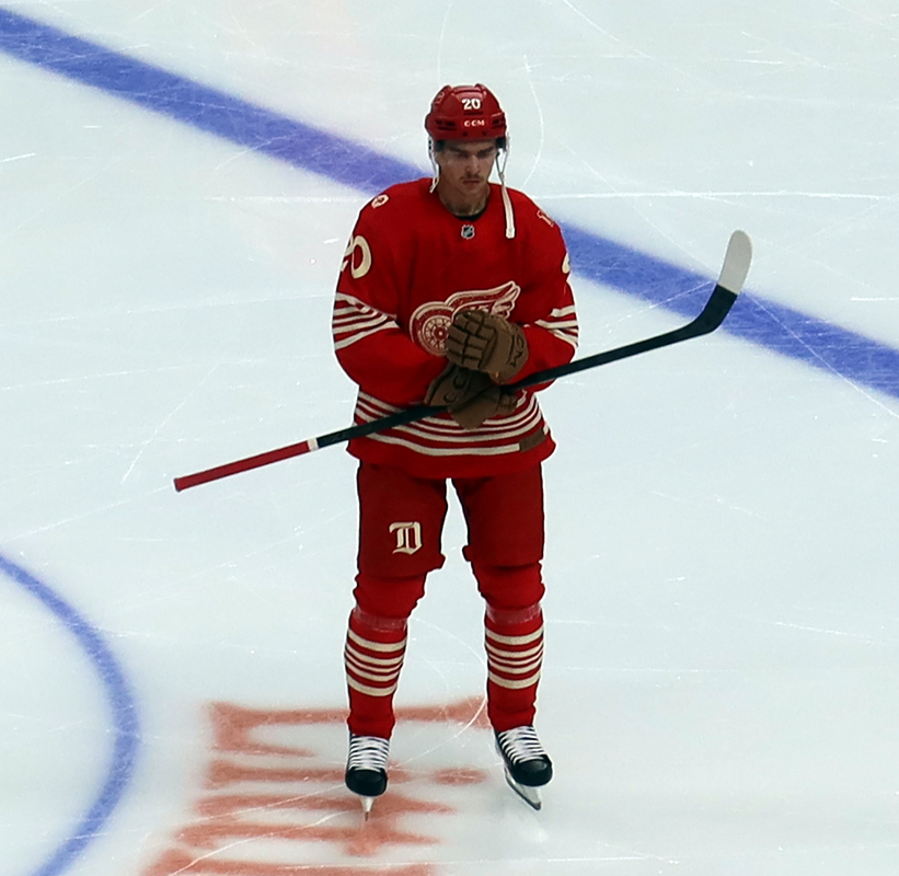 Albert Johansson of the Detroit Red Wings skates in the neutral zone during a stop in play in a game against the Montreal Canadiens.