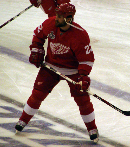 Brett Lebda skates across the blue line during pre-game warmups.
