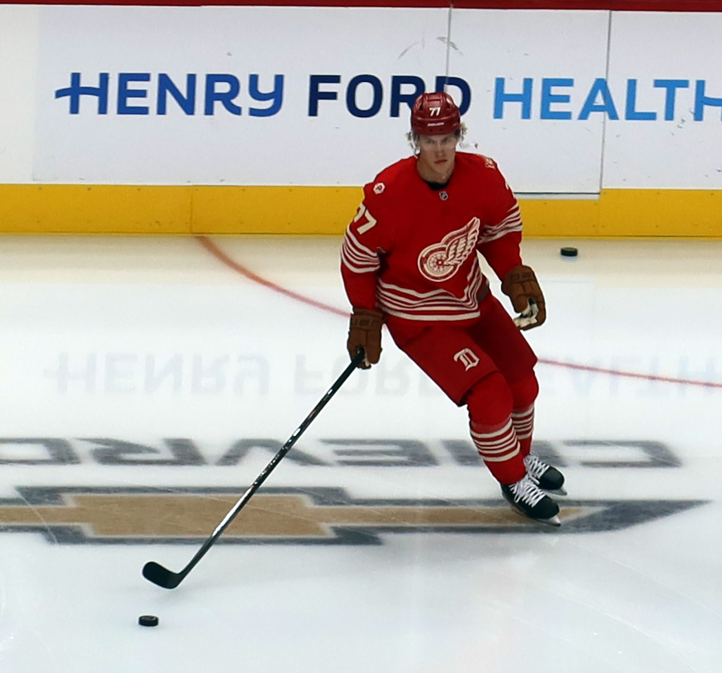 Simon Edvinsson of the Detroit Red Wings skates in the neutral zone during pre-game warmups before a game against the Montreal Canadiens.